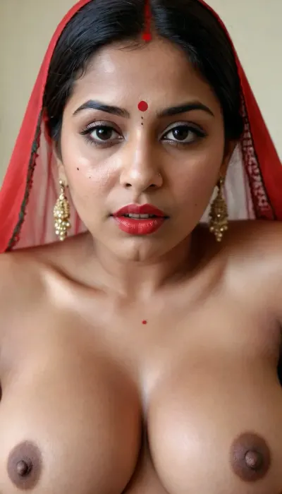 A 30 years old very beautiful sexy horny Indian wife, thick puffy wide sexy lips, horny look, deep prominent black eyes, closeup look of enormous boobs with erected heard black colored nipples and prominent goosebumps all over the boobs, ((show the red vermilion on head as indian wives usually wear)), show the, ((prominent goosebumps on the boobs)), goose pimples all over the boobs, tiny hair on the brrasts are all erected pimples on face, biting lips in anticipation, goosebumps appearing on skin, fully erected very long hard black colored nipples, biting her bimbo lips in lust