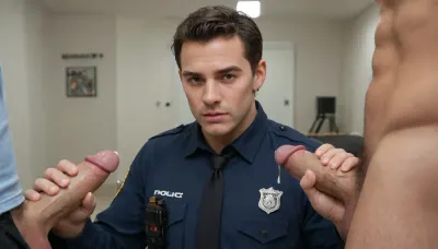 Police man with hard cock out of his pants, handsome and muscular, photoshoot. Getting a hand job Hard cock. Cuming on a criminal. Sperm on criminal. Uncut, semen. Background is the fair, handle people watching in shock