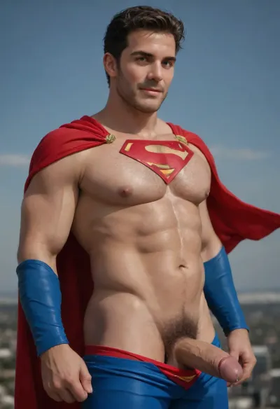 Hairy man in Superman costume, male focus, muscular, nipples, large pectorals, limp penis, smile, looking at viewer, messy hair, precum, side view, fat soft dick peeking out of pants, hairy chest, pubes, vintage filter, Superman costume. Setting is the sky flying