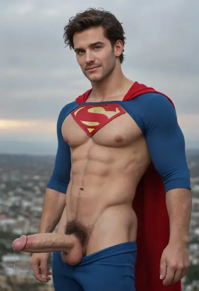 Hairy man in Superman costume, male focus, muscular, nipples, large pectorals, limp penis, smile, looking at viewer, messy hair, precum, side view, fat soft dick peeking out of pants, hairy chest, pubes, Superman costume. Setting is the sky flying