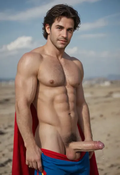 Hairy man in Superman costume, male focus, muscular, nipples, large pectorals, limp penis, smile, looking at viewer, messy hair, precum, side view, fat soft dick peeking out of pants, hairy chest, pubes, Superman costume. Setting is the sky flying. Cum