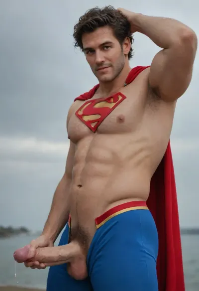 Hairy man in Superman costume, male focus, muscular, nipples, large pectorals, limp penis, smile, looking at viewer, messy hair, precum, side view, fat soft dick peeking out of pants, hairy chest, pubes, Superman costume. Setting is the sky flying. Cum. Arms up pointing with fist