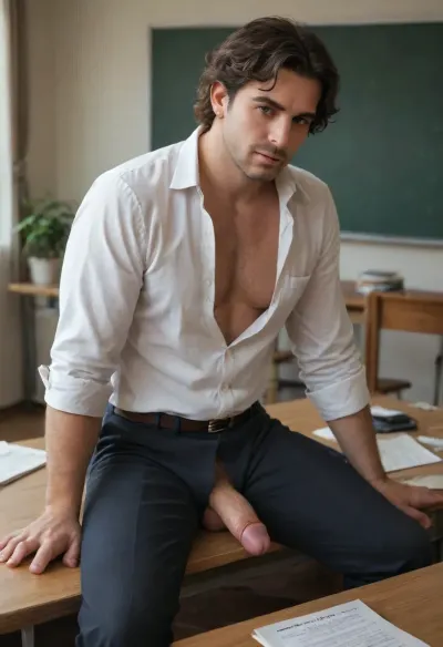 Male teacher with hairy chest in a class setting teaching with his penis out of his pants. Sitting at his desk. Fat and soft penis. Italian man