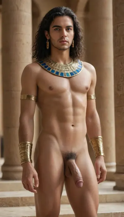 Egyptian king, handsome pharaoh outfit, black pubic hair, uncut penis, slim male, man with thick thighs