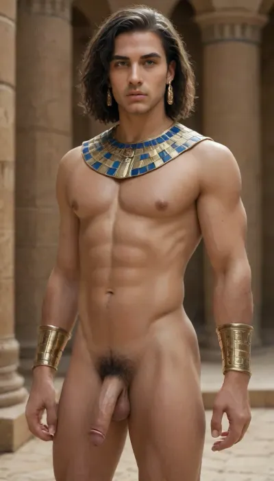 Egyptian king, handsome pharaoh outfit, black pubic hair, uncut penis, slim male, man with thick thighs