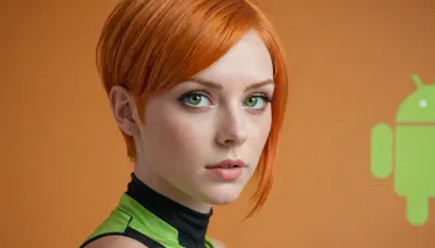 head to toe image of an android girl with orange hair in a long pixie cut and shaved hair seen from the 3/4 side, luminescent Bright Green eyes, (orange background), d-cups, <lora:220437_training_data:.5>, <lora:Venus_Body_Alpha:.5>