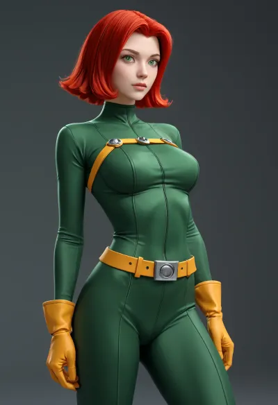 A full-body illustration of Sam from Totally Spies, standing confidently in her iconic green spy catsuit. She has long, straight red hair, green eyes, and a slim, athletic build. Her suit is sleek and form-fitting with a utility belt and gloves. The background is a high-tech spy headquarters with computer monitors and glowing panels. The