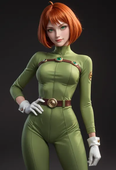 A full-body illustration of Sam from Totally Spies, a teenage spy with long, straight auburn-red hair and green eyes. She is wearing a sleek, form-fitting green spy jumpsuit with a silver utility belt, gloves, and boots. The material of the suit has a subtle metallic sheen, reflecting her high-tech spy gear. Sam has a slim, athletic build and a confident posture.

She is standing in an assertive stance, with one hand on her hip and the other holding a compact, futuristic spy gadget. Her expression is sharp and focused, with a hint of a smirk that conveys intelligence and control.