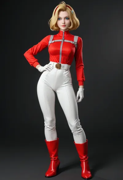 A full-body illustration of Sam from Totally Spies, a stylish teenage spy with long, straight blonde hair and bright blue eyes. She is wearing her iconic, form-fitting red spy jumpsuit, which has a subtle shine and is equipped with a silver utility belt, gloves, and matching red boots. The suit fits snugly and highlights her agile, athletic build.

Clover stands with one hand on her hip and the other flipping open a compact-style spy gadget. Her pose is flirty yet confident, with a playful smile and a raised eyebrow, exuding charm, confidence, and sass.