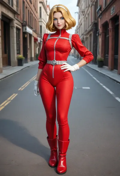 A full-body illustration of Sam from Totally Spies, a stylish teenage spy with long, straight blonde hair and bright blue eyes. She is wearing her iconic, form-fitting red spy jumpsuit, which has a subtle shine and is equipped with a silver utility belt, gloves, and matching red boots. The suit fits snugly and highlights her agile, athletic build.

Clover stands with one hand on her hip and the other flipping open a compact-style spy gadget. Her pose is flirty yet confident, with a playful smile and a raised eyebrow, exuding charm, confidence, and sass.