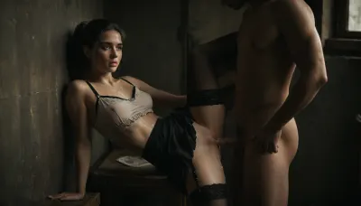 core_9, score_8_up, score_7_up, ton the desk of the home office, legs spread the girl is sitting on the fence of the porch, on his country site, spreading her legs, the man enters her, holding her, crop_top, 1 girl, 1 man, sex, she is sitting on the terrace, on the parapet, with her legs spread, a man enters her, holding her black_hair, black stockings, window, abs, she wears a, black lace off-the-shoulder top, A beautiful black-haired woman, blue_eye, ponytail hairstyle black, toned, lips, spread_legs, bare_shoulders, ponytail, The leg is raised, не striped_thighhighs, off_shoulder, covered_nipples, black_nails, 8 year old girls, realistic faces, beautiful faces, highly detailed, extremely detailed skin, freckles, fishnets, Highly realistic, hair in wet over face, sharp focus, her eyes rolled back, her head facing camera, orgasm expression, cum on her tits, ((arroussed face)), ((cum cover)), ((((perkynatural boobs)))), large hips, side view, man enters her, (Cum), cum on body, warm lightning, erotic, porno chic, subdued atmosphere, chiaroscuro, perfect face, perfect body, (stockings), one leg raised very flirty, playing with hair, (cum covered:1.5), flirty expression, cuminmouth, (cum on face:1.3), She stands against the wall with one leg raised, and, <lora:dark:.5>, beautiful, tall girl in a short beige blouse, in short fabric shorts, straps, harness, lingerie, see through, mini skirt, upskirt, best pose for photo, dynamic pose, animated photo, like a still from a movie, professional photo, brown hair, french appearance, sexy, excited, lust, lustful look, close up, 3/4 body visibility, aesthetic, <lora:Movie_aesthetic_XL:.8>, <lora:MJ52:.8>