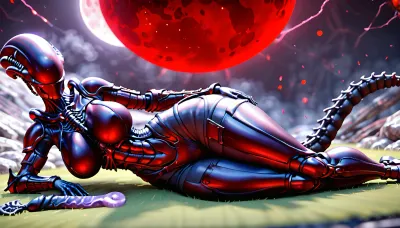 dark dry earth under a bright red moon, little moon, land without plants, ashes fly, xenomorpg girl in knight's armor, the color of the armor is red, armor copies the ideal curves of the body, lying on the grass, big tits, big hips, in front next to the xenomorph there is a huge dildo lying on the ground, huge dildo, (dildo size:1.2), he character is looking at the viewer, view is sideways.