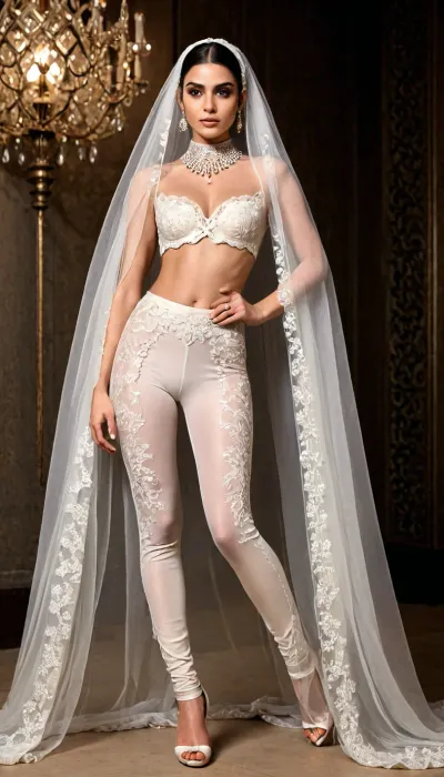 high fashion Iranian bridal look — model in sculptural ivory crop top and long veil, paired with translucent white leggings embroidered with golden Persian patterns, crystal heels, exaggerated blush and eyeliner, posing under softbox lights on a luxury runway


. footwear, BadX, bad, anatomy, hands, feet, <lora:adjustingfootwear_XL_v1:1.1>, <lora:badanatomy_SDXL_negative_LORA_SeaArtXL_v1:1.1>, fp1, <lora:FashionPhotographyXL:.8>