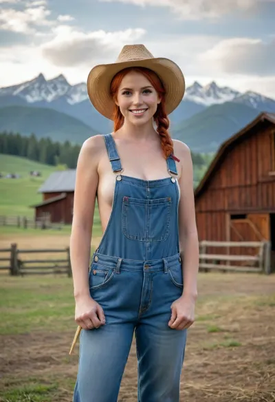 Female farm worker, (fit), red hair, pigtails, ((big breasts)), denim overalls, (naked overalls), (no shirt), (no bra), straw cowboy hat, holding pitchfork, bright colors, pastel tones, farm scene with wooden barn, mountains in background, slightly exaggerated features, soft lighting, action pose, smiling kindly at viewer.