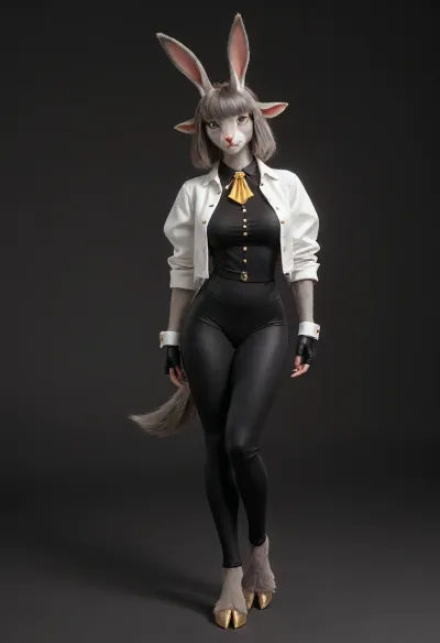 (((Sybil from Pseudoregalia))), (((furry:1.5))), (((anthropomorphic bunny-goat girl:1.5))), (((sleek gray fur:1.5))), long_floppy_bunny_ears, (((hooves instead of feet))), large expressive blue eyes with dark lashes, angular golden antler-like horns, tall athletic build, toned and fit body, narrow waist, wide hips, medium to large breasts, strong thighs, long gray tail with tufted tip, elegant neck, sharp facial features, wearing a tight black sleeveless bodysuit that accentuates curves, short cropped white jacket with rolled-up sleeves and gold cuffs, black fingerless gloves, extremely tight black leggings, bare feet, confident and determined expression, fantasy warrior, cel-shaded PS1 style, PlayStation 1 low-poly 3D model look, pixelated textures, flat colors, early 3D video game style, low resolution textures, vertex lighting, crunchy polygon edges, nostalgic retro fantasy game character, full body front view, neutral simple background