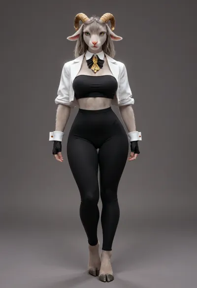 (((Sybil from Pseudoregalia))), (((furry:1.5))), (((anthropomorphic bunny-goat girl:1.5))), (((sleek gray fur:1.5))), long_floppy_goat_ears, (((hooves instead of feet))), large expressive blue eyes with dark lashes, angular golden antler-like horns, tall athletic build, toned and fit body, narrow waist, wide hips, medium to large breasts, strong thighs, long gray tail with tufted tip, elegant neck, sharp facial features, wearing a tight black sleeveless bodysuit that accentuates curves, short cropped white jacket with rolled-up sleeves and gold cuffs, black fingerless gloves, extremely tight black leggings, bare feet, confident and determined expression, fantasy warrior, cel-shaded PS1 style, PlayStation 1 low-poly 3D model look, pixelated textures, flat colors, early 3D video game style, low resolution textures, vertex lighting, crunchy polygon edges, nostalgic retro fantasy game character, full body front view, neutral simple background