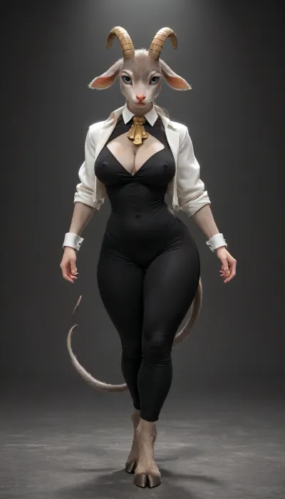 (((Sybil from Pseudoregalia))), (((furry:1.5))), (((anthropomorphic bunny-goat girl:1.3))), (((sleek gray fur:1.3))), long_floppy_goat_ears, (((hooves instead of feet))), bare feet, (((stands in a fighting stance))), large expressive blue eyes with dark lashes, angular golden antler-like horns, tall athletic build, toned and fit body, narrow waist, ((wide hips:1.2)), ((large breasts with nipples sticking out from under clothes:1.1)), ((strong thighs:1.2)), (((long gray tail with tufted tip))), elegant neck, sharp facial features, wearing a tight black sleeveless bodysuit that accentuates curves, short cropped white jacket with rolled-up sleeves and gold cuffs, tight black leggings, confident and determined expression