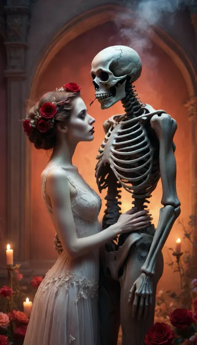 A Macabre and Surreal Illustration of a cople in light pastels depicts a skeletal figure adorned with elaborate dead floral arrangements that blend elements of the Gothic and Symbolist art movements. Hugs and kiss, Meticulously detailed. Strong contrast between the organic and inorganic. Detailed between male and female, A somber and timeless atmosphere with a hint of nostalgia and history. The light source comes from the front and casts subtle shadows that enhance the three-dimensionality of the bones and flowers. The floral elements are rendered with great attention to detail, their soft petals contrasting with the sharp, angular lines of the skeleton. The dead flowers add a romantic touch to the work. The texture is smooth with delicate, precise lines and a polished finish. Masterful blend of horror. Provokes reflection on the transience of life and the inevitability of death.. gothic sunset, red, smoke, colorful and vibrant, mystical colors, iridescent perspective view, sweeping circling composition, non-representational, colors and shapes, expression of feelings, imaginative, long shadows, dreamy mood, detailed photo, photorealistic photo, realistic photo, realistic night vision, soft fokus, parallax, overexposure, photo style, cinematic, filmic, scribbled lines, surrender, polychromatic, fire background, diffuse, #©KITTYART