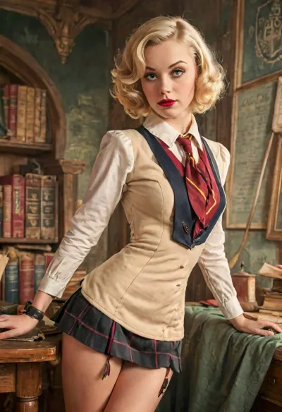 best quality, masterpiece, hogwarts student, blonde bob hair, gil, elvgren, <lora:ge-xl:.8>, <lora:MJ52:.8>