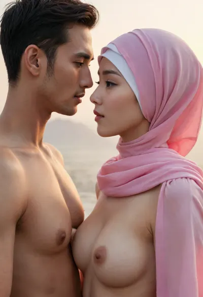 ultra high detailed photo, HD, 1girl, 1boy, (((korean_handsome_man))), (asian_hijab_girl, nude, perfect breasts, slim body, pink scarf, white undercap covering hair), kissing, hands on hips, detailed face, dynamic pose, side view, low angle, sunset, strong rimlight, strong shadow, close up photo, detailxl, <lora:CinematicStyle_v1:.8>