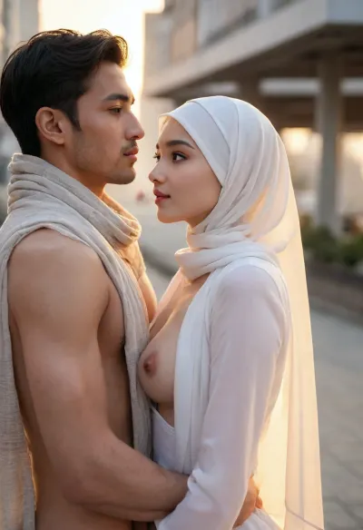 ultra high detailed photo, HD, 1girl1boy, (((hindi_handsome_man))), (korean_scarf_hijab_white_undercap_girl, (nude), perfect breasts, slim body), kissing, hands on hips, detailed face, dynamic pose, side view, low angle, sunset, strong rimlight, seoul city, strong shadow, close up photo, detailxl, <lora:CinematicStyle_v1:.8>