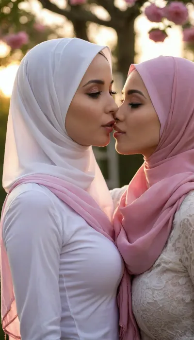 ultra high detailed photo, HD, 2girls, asian hijab girls kissing, rose garden, detailed face, extremely beautiful face, perfect breasts, slim body, dynamic pose, hands on hips, side view, low angle, sunset, strong rimlight, thin fabric clothes, pink scarf, parisseries hijab, white undercap covering hair, strong shadow, close up photo, detailxl, <lora:CinematicStyle_v1:.8>