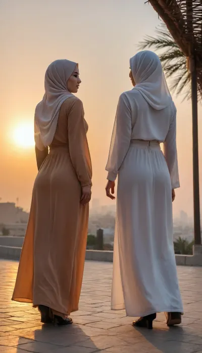 ultra high detailed photo, HD, 2girls, extremely beautiful asian hijab ladies showing their beautiful round asses, thin fabric clothes, seethrough, strong light from behind, sunset, strong shadow, dynamic angle, dynamic pose, night, detailxl, <lora:CinematicStyle_v1:.8>