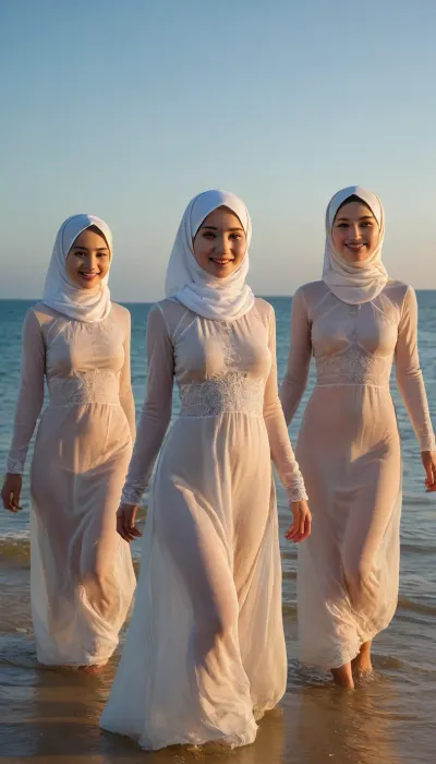 ultra high detailed photo, HD, 3girls, nude petite asian hijab girls posing, extremely detailed face, happy face, innocent smile, seethrough body shillouette, thin fabric long dress, (undercap covering hair), (faded nipples poking), no_underwear, strong backlight, strong front shadow, full body, dynamic pose, high angle, beach, clear blue sky, sunset, detailxl, <lora:CinematicStyle_v1:.8>