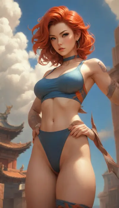 digital painting, 35 year old woman, rough digital painting, (full body:1.2), [], very slutty and revealing thong, blue crop top, beautiful elastic very big breasts, cleavage, athletic ass, japanese, muted red-orange hair, (muscular:1.1), build, simple background, moba character concept art, bombshell hair, copper hair, Side Swept Curls, spiked hair, thick thighs, narrow waist, chinese, (noon, blue sky, clouds, scenery, "at the Incandescent Spire":1), <lora:EnvyBeautyXL06:.3>, <lora:EnvyStarlightPrettyEyes01:.7>, <lora:EnvyScifiStyleXL01:1.2>