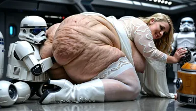 Hetero couple, (1man, Stormtrooper groping the fat ssbbw princess, (wearing helmet, wearing armor)), (1girl, extreme fat, obese, slight cellulite, stretch marks ssbbw, blonde star wars Princess, (white stockings, opened white robe, white boots)), (((droid))), on spaceship, on space station, on the Death Star, (masterpiece, perfect illumination, ultra-detailed, best quality), beautiful, wobbly, overweight body, seducing look, masterpiece, highest quality, ultra detailed, extreme high quality, RAW file, high quality textures, erect nipples, realistic detailed skin, realistic detailed hair, realistic detailed breasts, realistic detailed eyes, realistic detailed pussy, random view angle, detailxl, <lora:add-detail-xl:.8>, <lora:style_lora_realis:.8>, side view-she gets her fat, sagging belly deep and hard grabbed and kneaded by horny stormtrooper
