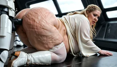 Hetero couple, (1man, Stormtrooper, (wearing helmet, wearing armor)), (1girl, extreme fat, obese, fattened, slight cellulite, stretch marks, stuffed, sagging belly, big, fat ass, star wars blonde ssbbw Princess, (no helmet!!!!!! !!), (white stockings, opened white robe, white boots)), anal fucking, anal sex, on spaceship, on space station, on the Death Star, (doggystyle), (masterpiece, perfect illumination, ultra-detailed, best quality), on all fours, beautiful, extreme overweight, wobbly body, seducing look, masterpiece, highest quality, ultra detailed, extreme high quality, RAW file, high quality textures, erect nipples, realistic detailed skin, realistic detailed hair, realistic detailed breasts, realistic detailed eyes, realistic detailed pussy, random view angle, detailxl, <lora:add-detail-xl:.8>, <lora:style_lora_realis:.8>, fat ssbbw princess wears no helmet.show long blonde hair !!!! !!!!!!!
no helmet for the fat princess !!!!
close up