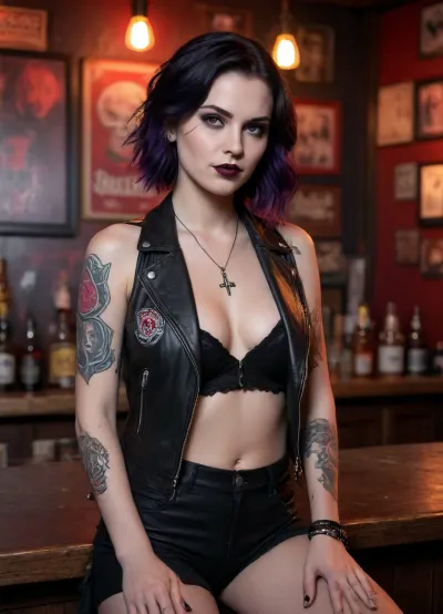 young goth-style woman seated in a dark metal bar. Full body shot. Her pale complexion contrasts with her deep black lipstick and heavy smoky eye makeup. Gothic tattoos on her body, Jet-black hair, partially shaved on one side, cascades in loose waves over her shoulder, with hints of deep red highlights. She's wearing a black leather jacket over her topless chest, layered with silver necklaces, including a pentagram pendant. Her expression is cool and intense, with a slight, knowing smirk. Behind her, the bar is dimly lit with red and violet ambient lights, casting moody shadows. Skulls, band posters, and vintage metal memorabilia line the walls. A faint haze of smoke curls through the air, and the glow of neon beer signs adds a gritty, atmospheric touch. The focus is on her face and upper body, capturing her rebellious elegance and the raw energy of the scene.