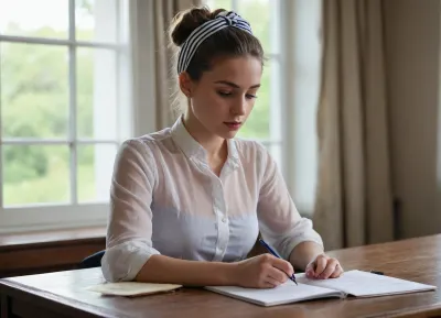 The image shows a young woman sitting at a table with an open notebook in front of her. She is wearing a very very wide opened transparent light white blouse and no bra under it, (her left titt is falling out of her blouse. other titt is looking half outside), Her delicate and petite skin shines through the transparent blouse, making all the contours of her body look and feel very aesthetic. Her hard nipples stand out. you can see in her face that she likes it to be exposed. she bite on her lips like a horny young girl that is not far away from her first clitorial multiple orgasm, she opened more her blouse. Her dark red and 5-Mark-sized hard nipples are very well visible under the blouse and shine through the transparent fabric. her hair is tied up in a bun with a black and white striped headband. The woman is holding a blue pen and appears to be writing in the notebook. The background is blurred, but it seems like she is in a room with a window and curtains. The overall mood of the image is focused and contemplative.
