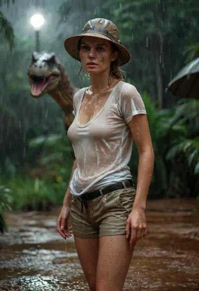 Cinematic, atmospheric, tense, On a dark and stormy night in a dinosaur park on a tropical island a gorgeous busty Swedish scientist stands in the pouring rain wearing a white T-shirt and khaki shorts and a pith helmet, ((very thin cloth)), cinematic heroic shot, (she is unaware that a T-Rex stands behind her:1.3), (heavy rain in the air), (very dark nighttime), (3/4 view:1.5), soakingwetclothes, Radiant, Darkness, <lora:soakingwetclothesXL:.9>, <lora:MJ52:1>, <lora:233007_training_data:.6>