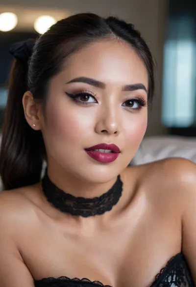 ecstatic beautiful asian woman with a dreamy expression, light eyes, (bold winged eyeliner), 1.3, hair tight ponytail, in her 20s, laying on her side, (indirect lighting), eye contact, 8k, mouth open, black lipstick, <lora:cockteaseLoRASDXL:1>