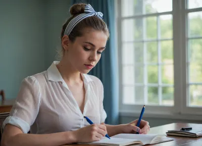 The image shows a young woman sitting at a table with an open notebook in front of her. She is wearing a very very wide opened transparent light white blouse and no bra under it, (her left titt is falling out of her blouse. other titt is looking half outside), Her delicate and petite skin shines through the transparent blouse, making all the contours of her body look and feel very aesthetic. Her hard nipples stand out. you can see in her face that she likes it to be exposed. she bite on her lips like a horny younger girl who is discovering her first expressions with the anatomy of the other sex, she opened more her blouse. Her dark red and 5-Mark-sized hard nipples are very well visible under the blouse and shine through the transparent fabric. her hair is tied up in a bun with a black and white striped headband. The woman is holding a blue pen and appears to be writing in the notebook. The background is blurred, but it seems like she is in a room with a window and curtains. The overall mood of the image is focused and contemplative.