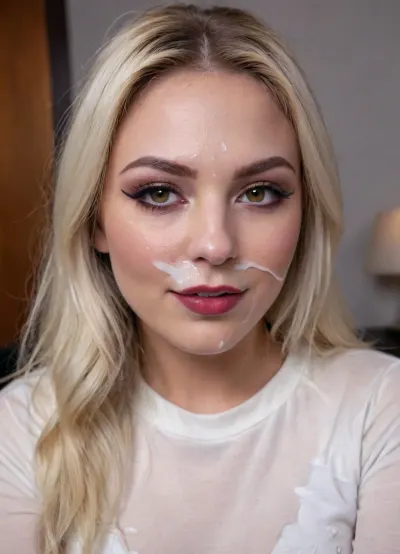 lightly smiling woman with a warm expression with thick white cum on her face, golden eyes, (bold winged eyeliner), elegant ombre hair, (indirect lighting), eye contact, 8k, mouth open, very dark lipstick, facial, white cum on face, covered in thick white cum, cowgirl outfit, <lora:Facials:.2>