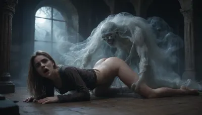 massive werewolf standing, werewolf having sex with human female, flat-chested, on all fours with legs slightly spread, hands on the floor, massive veining, ribbed cock penetrating pussy, vaginal sex, passionate sex, all the way, moaning, big pussy juices, long sleeve tight bodystocking, athletic body, high definition, blue eyes, blond hair, long hair, extremely beautiful face, very detailed, werewolf opens its mouth and shows its sharp teeth. The scene is in the surroundings of an ancient castle, (terrifying ghosts and other creatures of the night:1.7), are hiding in all possible corners of the great hall, watching the unlikely couple having sex. The atmosphere is frightening and arousing at the same time. high detailed, modern-werewolf, 1girl, 1boy, prone, bone, sex, from, behind, lora, (ProneBone-000010:.5), Black, and, white, art, black, pencil, shading, charcoal, drawing, toned, brutal, dark, b/w, color, scheme, <lora:Modern_Werewolf:.8>, <lora:Black and white art.V1:1.2>, <lora:ahxl_v1:.9>