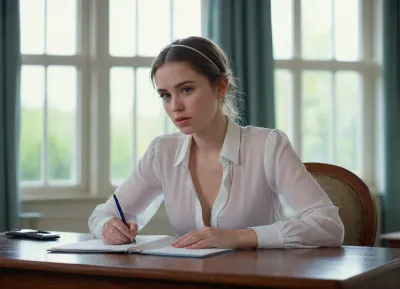 The image shows a young woman sitting at a table with an open notebook in front of her. She is wearing a very very wide opened transparent light white blouse and no bra under it, (her left titt is falling out of her blouse. other titt is looking half outside), Her delicate and petite skin shines through the transparent blouse, making all the contours of her body look and feel very aesthetic. Her hard nipples stand out. you can see in her face that she likes it to be exposed. she bite on her lips like a horny younger girl who is discovering her first expressions with the anatomy of the other sex, she opened more her blouse. and has her hair tied up in a bun with a black and white striped headband. The woman is holding a blue pen and appears to be writing in the notebook. The background is blurred, but it seems like she is in a room with a window and curtains. The overall mood of the image is focused and contemplative.