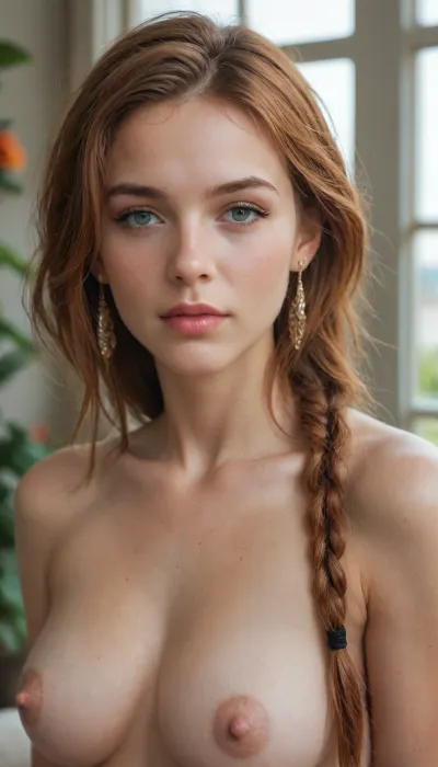Woman, Makeup, Portrait, Seductive Pose, John Berkey's Beauty Face, Naked Pale Skin, Fit Braided Hair, Ginger Hair, Pubic Hair, Blooming Garden.