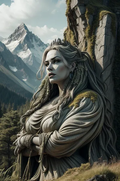 Queen, Insanely detailed, rock monument, detailed texture, giant, female sculpture, clothing, apocalypse, greenery, over_grown, large area, mountains, photo captured by DSLR camera, ULTRA HD, extreme realism, 8k, <lora:add_detail:.5>, <lora:OvergrownCity:.5>