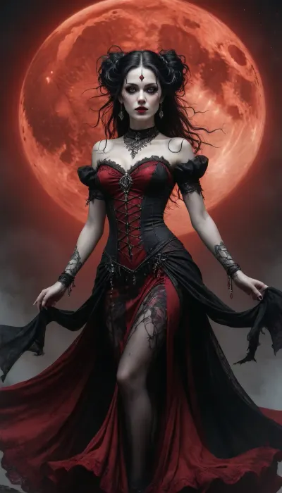 A gothic harlequin dances gracefully under a blood-red moon. Her porcelain skin contrasts with her dark, flowing gown, adorned with intricate lace and subtle hints of crimson. Her face is framed by raven hair and piercing, melancholic eyes. The background is a swirling vortex of shadows and mist. Rendered in a style that blends the dark fantasy of Luis Royo with the intricate detail of Aaron Horkey and the emotional depth of Jeremy Mann.