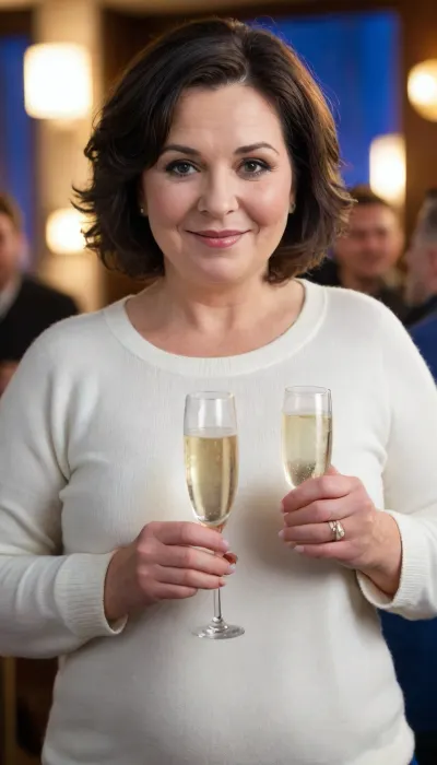woman, obese, curvy 60yo gilf with black layered haircut dancing in night club, in a blue yoga pants, in white knitted sweater, with a glass of champagne in hands mother's kind face, unfocused gaze, smile, looking at viewer, stands, view in front, shot in front, (pleasure:1.1), (bright makeup:1.3), (snub nose:.3), wearing a ring on her left hand ring finger