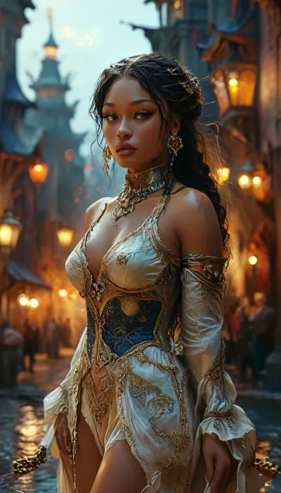 A stunning fantasy portrait of a powerful, elegant woman Megan Thee Stallion, walking confidently through a high-class medieval town in a Dungeons & Dragons world Waterdeep, also known as the City of Splendors or the Crown of the North, was the most important and influential city in the North and perhaps in all Faerûn. It was a truly marvelous cosmopolitan city of great culture that attracted the most talented artisans, artists, and scholars from across the Realms, as well as a commercial hub for financial interests along the coast and beyond. She has a regal, captivating face with high cheekbones, full lips with a glossy sheen, almond-shaped brown eyes with a piercing gaze, and perfectly arched eyebrows. Her skin is deep and radiant, glowing softly under the enchanted lantern light. Her hair cascades in voluminous waves down her back, adorned with delicate gold rings and braids woven through. She wears a revealing, luxurious gown with a plunging neckline reaching nearly to her navel, lined with silver thread and enchanted gemstones. The dress is made of midnight-blue silk with sheer panels and high slits up both sides, revealing her toned, long legs as she walks. Thigh-high leather boots with arcane runes complete the outfit. She is adorned with mystical jewelry — glowing rings, a crescent-moon choker, and enchanted earrings. The cobblestone streets are clean and lined with ornate buildings, elven nobles, and magical artifacts on display, with a majestic city skyline and a dragon circling above. megantheestallion, <lora:megantheestallionxl:1>, <lora:add-detail-xl:.5>, <lora:xl_more_art-full_v1:.5>, <lora:detailed_notrigger:.8>, <lora:MJ52:1>