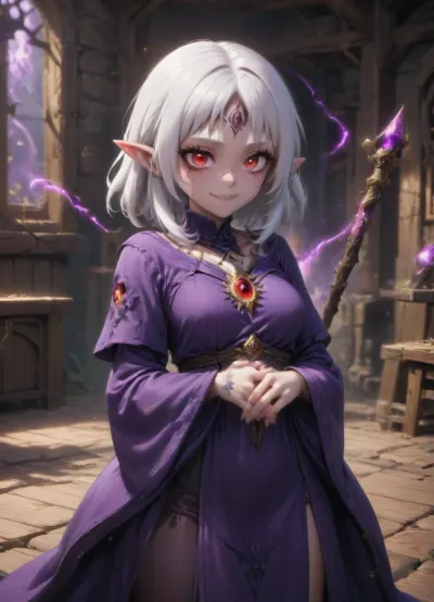1 girl, dark mage, warlock, white hair, long straight hair, red eyes, fangs, pointed ears, dark purple long robe. smile on face, thoughtful face, poor pale skin, medium length hair, many tattoos, many piercings, medium breasts, magic school, indoors, wooden simple magic staff