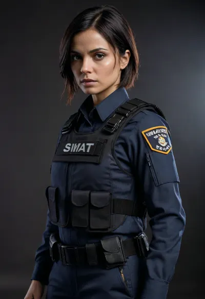 amazing Lina Esco, wearing the S.W.A.T. action, full body uniform, and she is in action, camera is close up. fuel
