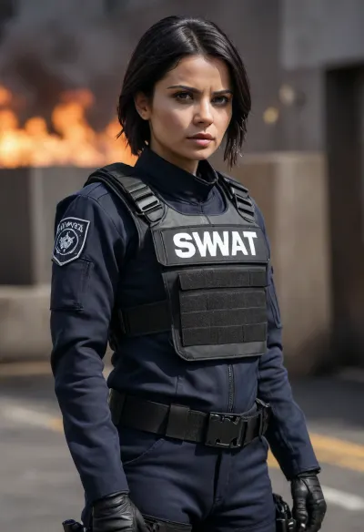amazing Lina Esco, wearing the S.W.A.T. action full body uniform, and she is in action, camera is close up. fuel