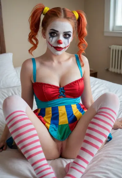 young beautiful girl 18yo years old clown girl with big breasts, wearing a pulled-up dress without any underwear, laying on her back with spread legs, no panties, long striped socks, clown makeup, skinny, white face paint, detailed vagina, looking at the viewer, back long high multi-colored ponytails, excited, aroused, tack sharp, 4k, dslr