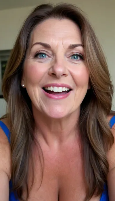 (gilf), obese, mature 60 YR OLD BRUNETTE with layered lighter highlights, long hair, Blue EYES, plump lips, full lips, lips parted, (mouth open), smile, wrinkles, droopy saggy tits, stretch, marks