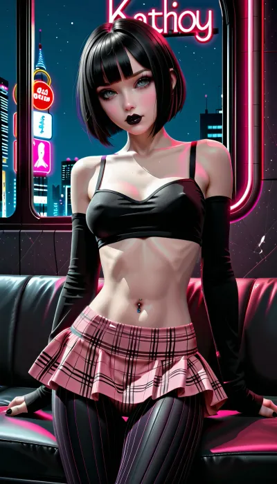 1girl, 18 yo Alice Knyazeva, good girl, short hair, (black hair), beautiful, grey eyes, beauty medium eyes, lovely, ((full)), face, (young face:1.5), (gothic make up:1.5), lovely lips, black glossy lipstick, ((bitchy expression)), ((dominant eyes)), ((medium breasts)), (small slender body:1.4), lovely stomach, pretty pink top, pretty, ((pink mini skirt)), (((with black vertical stripes))), ((plaid gothic tights)), (((slender thighs))), (stomach), piercing on stomach, tits, hands, moderngothic interior, night time, ((penthouse)), neon lights, futuristic city from windows, stars, score_9, score_8_up, score_7_up, Danbooru style, masterpiece, 8k, the best quality, ultra-detailed, gothic, bitch, reij-mg, neon, lights, dark, ambient, light, <lora:reij-moderngothic-000006:1>